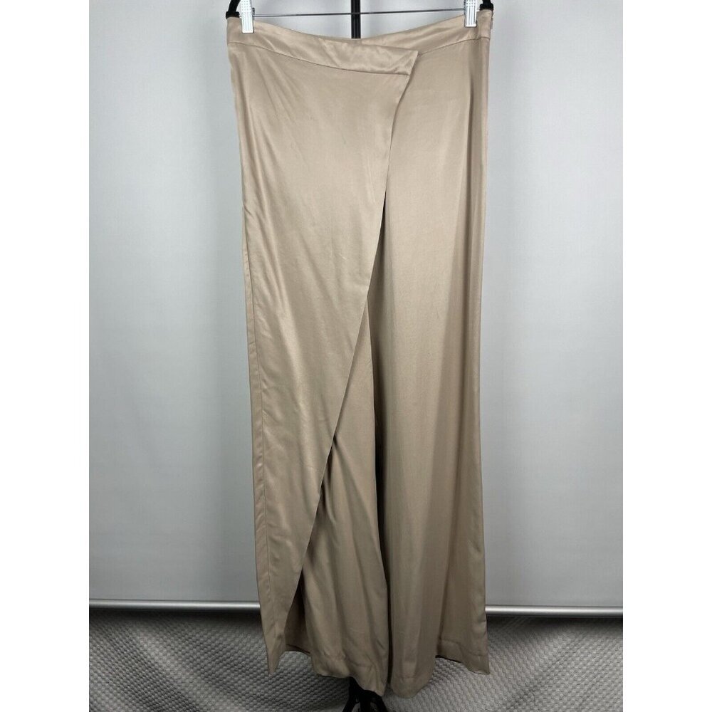Zara Woman SS23 Tan Satin Effect Blend Drape Pareo Wide Leg Pants Ecru Size L